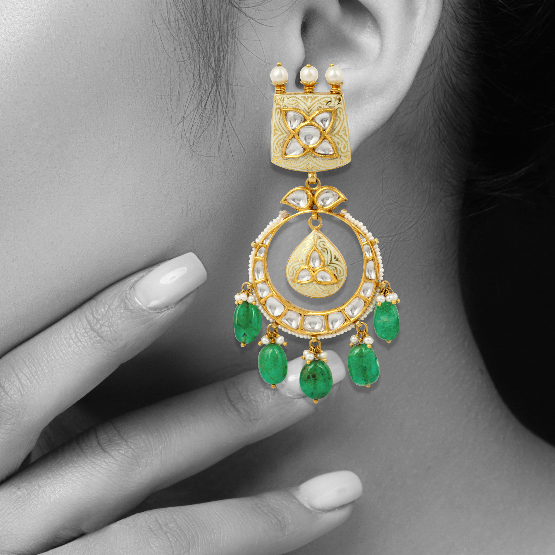 Ivory Enamel Chandbali Earrings with Polki, Emeralds, and Pearls